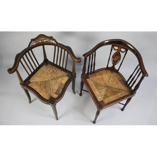 465 - Two Edwardian Inlaid Rush Seated Corner Armchairs