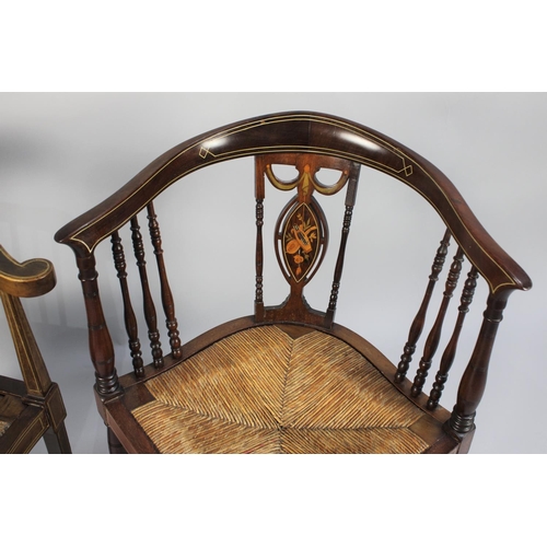 465 - Two Edwardian Inlaid Rush Seated Corner Armchairs