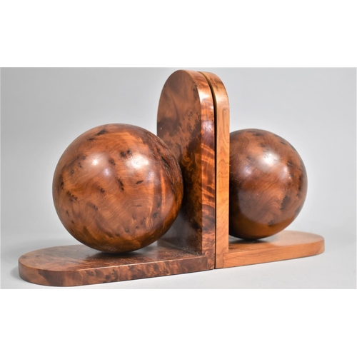 47 - A Pair of Modern Burr Wood Book Ends in the Form of Balls, 19.5cms High