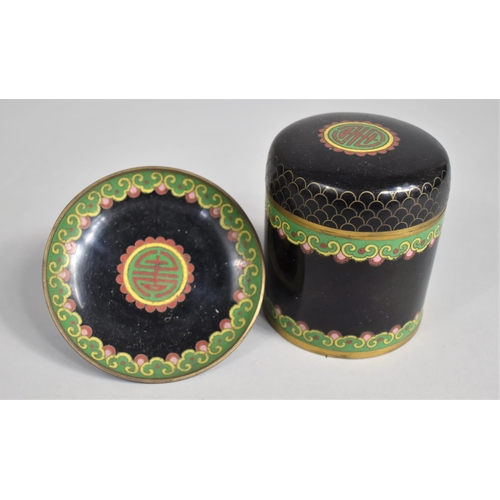 61 - A Cylindrical Cloisonne Lidded Pot with Matching Saucer, 7.5cms Diameter and 8.35cms High