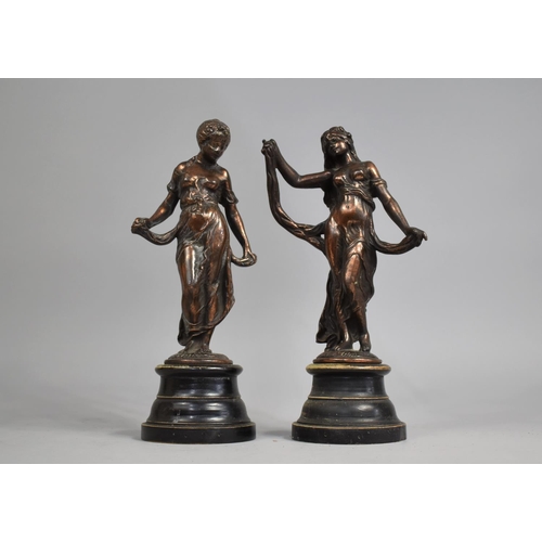 63 - A Pair of Weighted Late Victorian Copper Patinated Spelter Figural Studies of Maidens, Turned Socle ... 