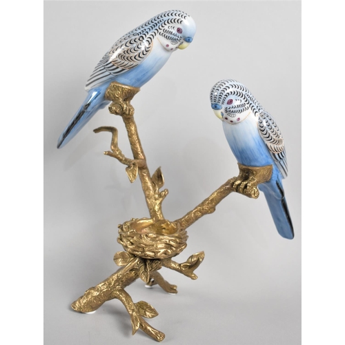 66 - A Modern Porcelain and Brass Novelty Stand in the Form of two Budgerigars on Branch above nest, 26cm... 