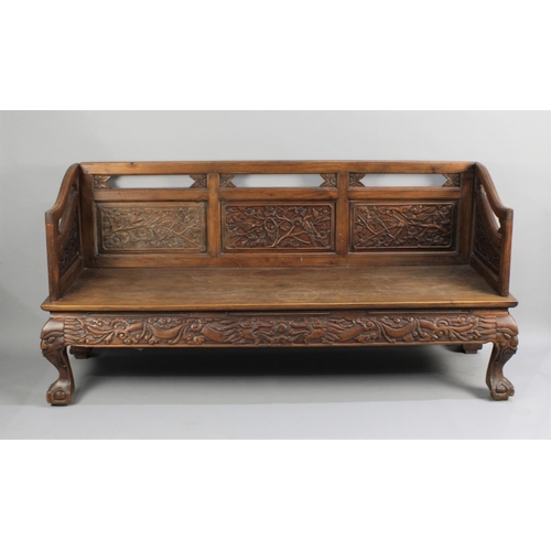 189 - A Chinese Carved Hardwood Settee with Carved and Pierced Panel Back with Birds in Branches Decoratio... 