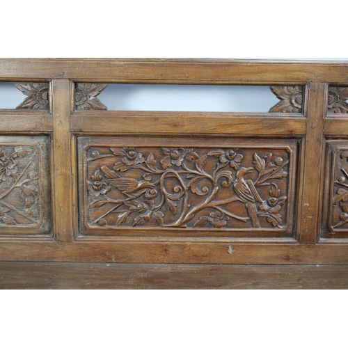 189 - A Chinese Carved Hardwood Settee with Carved and Pierced Panel Back with Birds in Branches Decoratio... 