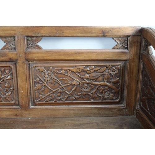 189 - A Chinese Carved Hardwood Settee with Carved and Pierced Panel Back with Birds in Branches Decoratio... 