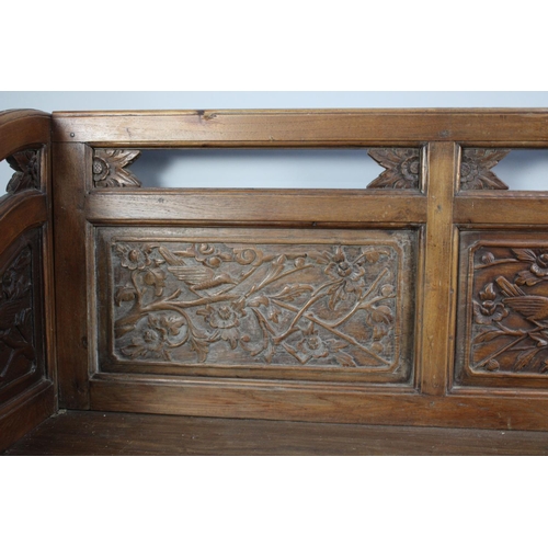 189 - A Chinese Carved Hardwood Settee with Carved and Pierced Panel Back with Birds in Branches Decoratio... 