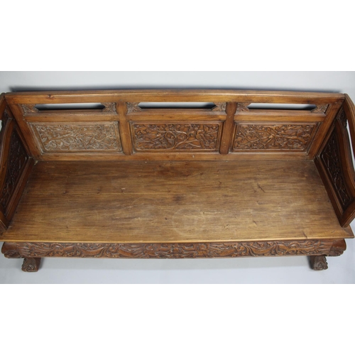 189 - A Chinese Carved Hardwood Settee with Carved and Pierced Panel Back with Birds in Branches Decoratio... 