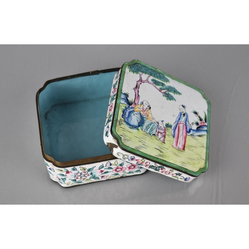 157 - A 19th Century Canted Edged Chinese Enamel Box of Square From, The Lid decorated with Figures in Ext... 