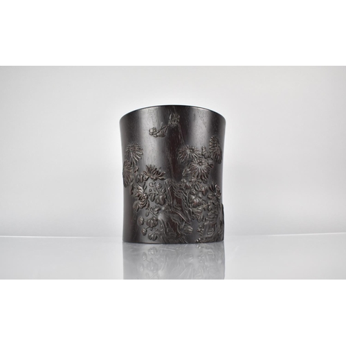 151 - A Nice Quality Chinese Hardwood Bitong/Brush Pot Decorated in Relief with Blooming Flowers and Carve... 