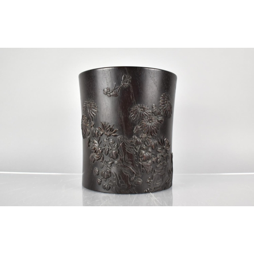 151 - A Nice Quality Chinese Hardwood Bitong/Brush Pot Decorated in Relief with Blooming Flowers and Carve... 