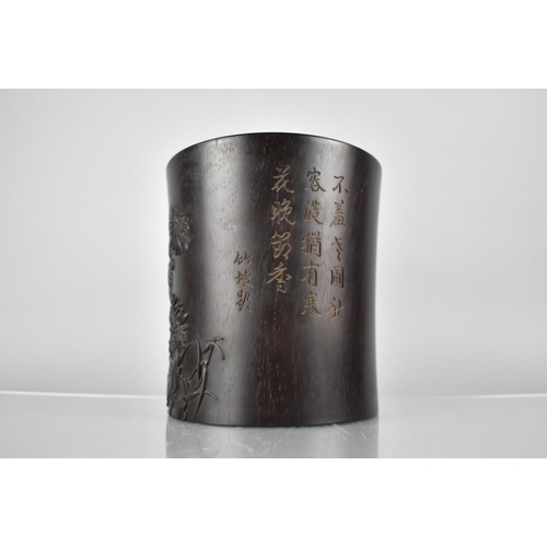 151 - A Nice Quality Chinese Hardwood Bitong/Brush Pot Decorated in Relief with Blooming Flowers and Carve... 