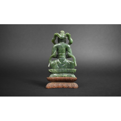 137 - A Chinese Spinach Green Jade Study of Buddha, Seated in Meditative Posture with Fitted Carved Wooden... 