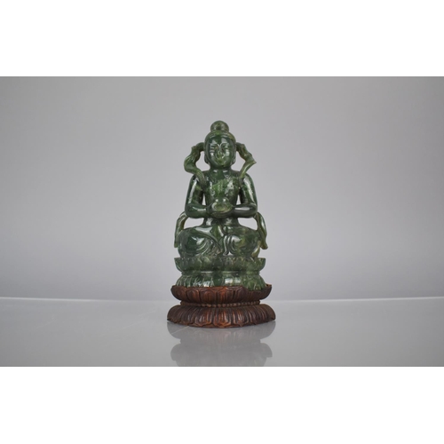 137 - A Chinese Spinach Green Jade Study of Buddha, Seated in Meditative Posture with Fitted Carved Wooden... 