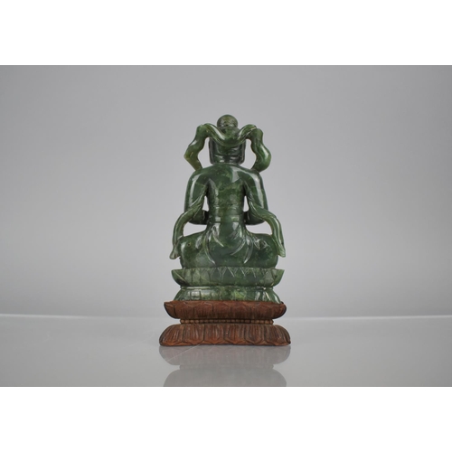 137 - A Chinese Spinach Green Jade Study of Buddha, Seated in Meditative Posture with Fitted Carved Wooden... 