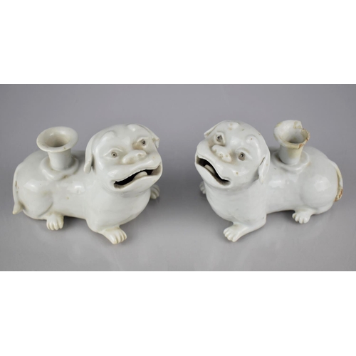 115 - A Pair of 19th Century Chinese Porcelain Blanc De Chine Temple Lion/Foo Dog Candle Holders Modelled ... 