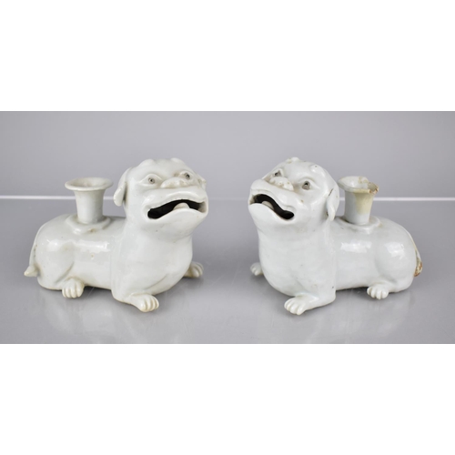 115 - A Pair of 19th Century Chinese Porcelain Blanc De Chine Temple Lion/Foo Dog Candle Holders Modelled ... 