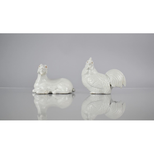 114 - Two Chinese Porcelain Blanc De Chine Zodiac Animals, Goat and Rooster, 9cm high. Condition: Not perf... 