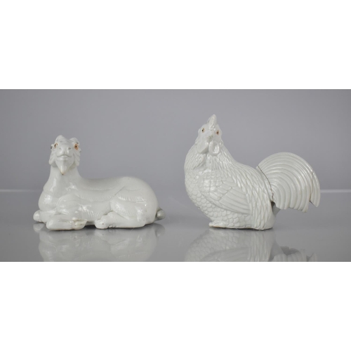 114 - Two Chinese Porcelain Blanc De Chine Zodiac Animals, Goat and Rooster, 9cm high. Condition: Not perf... 