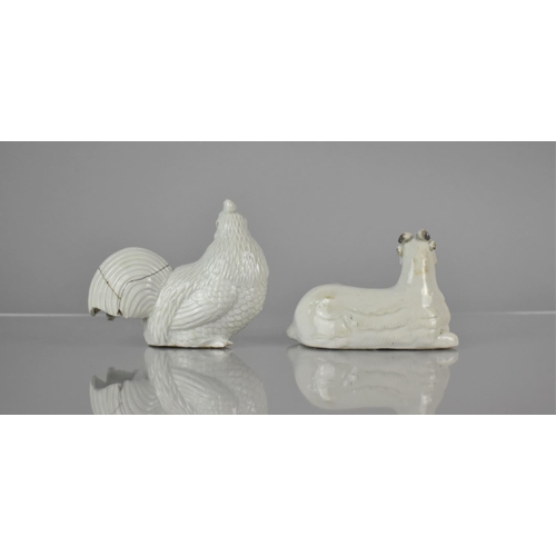 114 - Two Chinese Porcelain Blanc De Chine Zodiac Animals, Goat and Rooster, 9cm high. Condition: Not perf... 