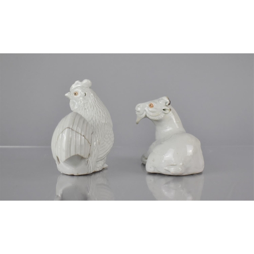 114 - Two Chinese Porcelain Blanc De Chine Zodiac Animals, Goat and Rooster, 9cm high. Condition: Not perf... 