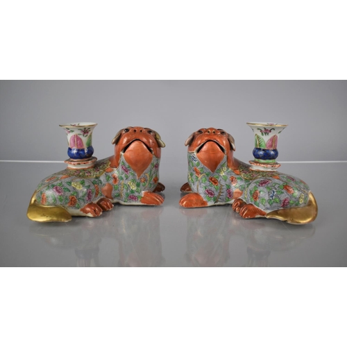 102 - A Pair of 19th/20th Century Chinese Porcelain Coral Red Faced and Pawed Foo Dog/Temple Lion Candle H... 