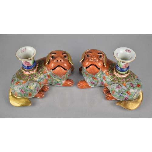 102 - A Pair of 19th/20th Century Chinese Porcelain Coral Red Faced and Pawed Foo Dog/Temple Lion Candle H... 