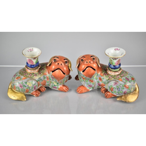 102 - A Pair of 19th/20th Century Chinese Porcelain Coral Red Faced and Pawed Foo Dog/Temple Lion Candle H... 