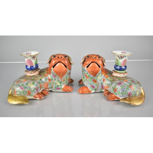 102 - A Pair of 19th/20th Century Chinese Porcelain Coral Red Faced and Pawed Foo Dog/Temple Lion Candle H... 