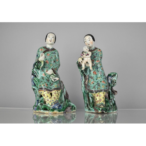 88 - A Pair of Chinese Porcelain Figures of Maidens Decorated in the Famille Verte Palette, both Modelled... 