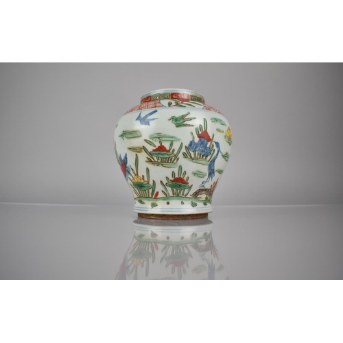 85 - A Chinese Porcelain Baluster Jar decorated in the Wucai Palette with Pond Scene Featuring Birds, Ree... 