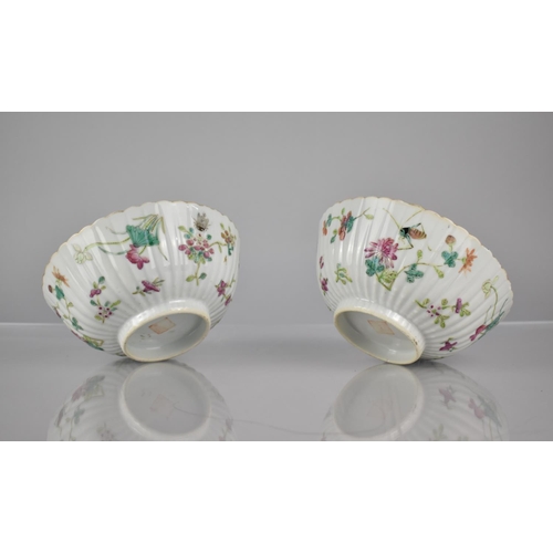 74 - A Pair of 19th/20th Chinese Porcelain Bowls of Reeded Form Decorated in the Famille Rose Palette wit... 