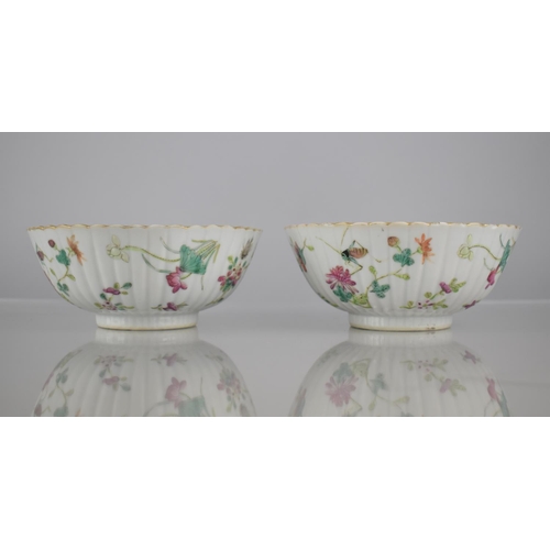 74 - A Pair of 19th/20th Chinese Porcelain Bowls of Reeded Form Decorated in the Famille Rose Palette wit... 