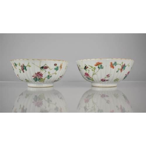 74 - A Pair of 19th/20th Chinese Porcelain Bowls of Reeded Form Decorated in the Famille Rose Palette wit... 