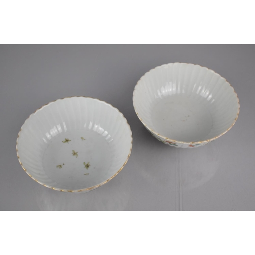 74 - A Pair of 19th/20th Chinese Porcelain Bowls of Reeded Form Decorated in the Famille Rose Palette wit... 