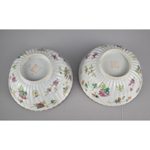 74 - A Pair of 19th/20th Chinese Porcelain Bowls of Reeded Form Decorated in the Famille Rose Palette wit... 