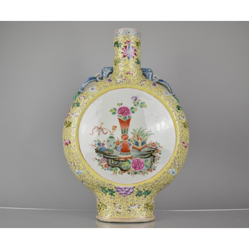 43 - A 19th Century Chinese Porcelain Yellow Ground Famille Rose Moon Flask Decorated with Circular Carto... 