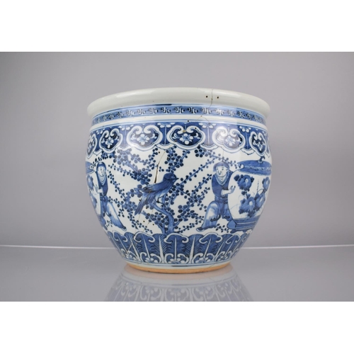 8 - An Early Chinese Porcelain Blue and White Fishbowl Planter Decorated In the Round with Servant Atten... 