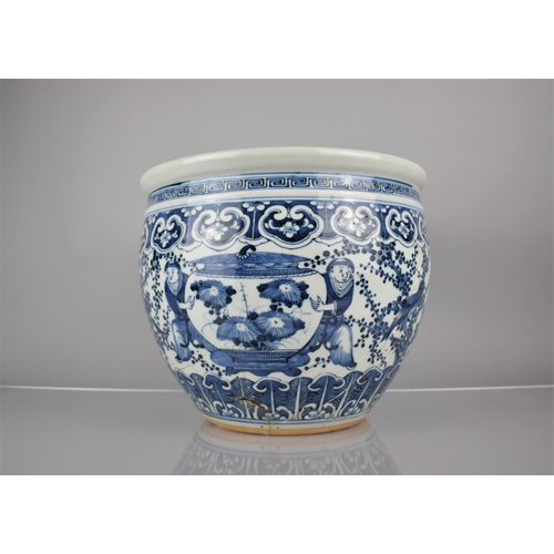 8 - An Early Chinese Porcelain Blue and White Fishbowl Planter Decorated In the Round with Servant Atten... 