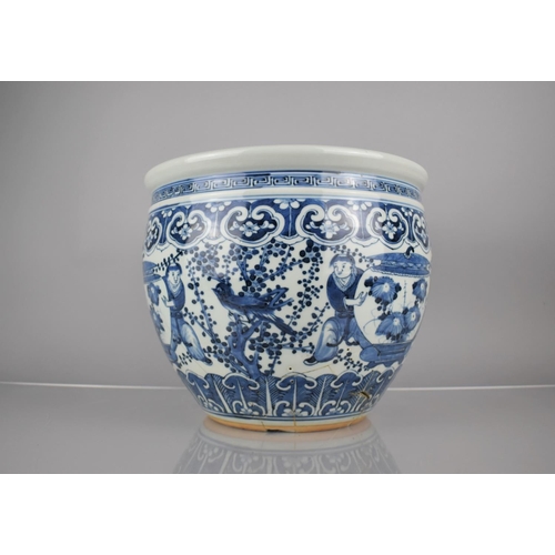 8 - An Early Chinese Porcelain Blue and White Fishbowl Planter Decorated In the Round with Servant Atten... 