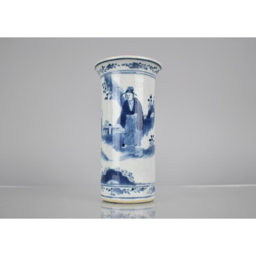 17 - A 19th/20th Century Chinese Porcelain Blue and White Sleeve Vase with Flared Rim Decorated with Scho... 