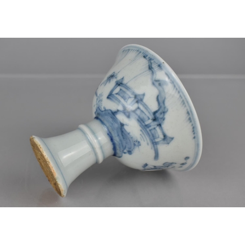 38 - A Chinese Porcelain Blue and White Stem Cup decorated with Children at Play in Garden Setting, 8cms ... 