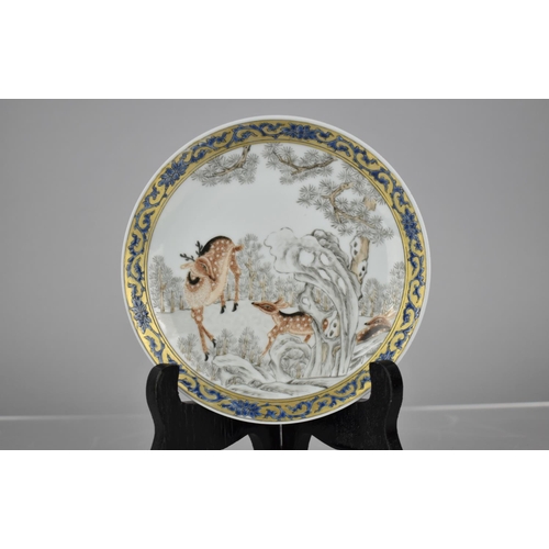 84 - An 18th Century Chinese Porcelain Grisaille Saucer decorated with Deer in Woodland Setting, Enriched... 