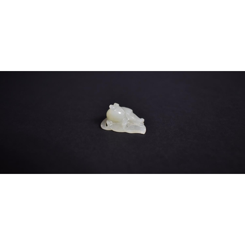 140 - A Chinese White Jade Pebble Carving of Cat Seated on Leaf, 3cms by 1cms High