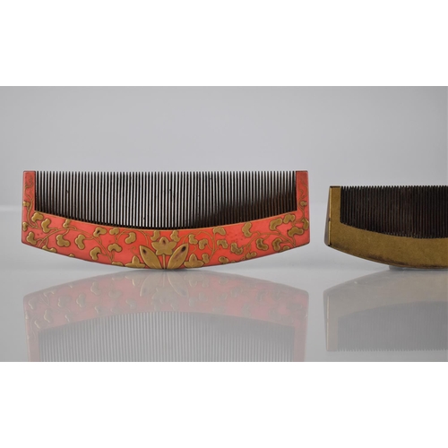 144 - Three Nice Quality Japanese Lacquer Combs, Two Examples with Gilt Floral Design on Red Ground and Th... 