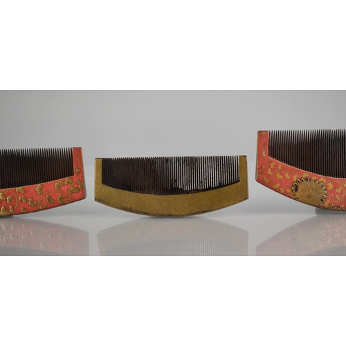 144 - Three Nice Quality Japanese Lacquer Combs, Two Examples with Gilt Floral Design on Red Ground and Th... 