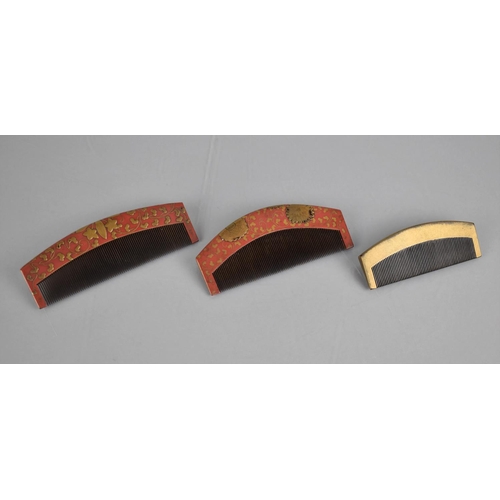 144 - Three Nice Quality Japanese Lacquer Combs, Two Examples with Gilt Floral Design on Red Ground and Th... 