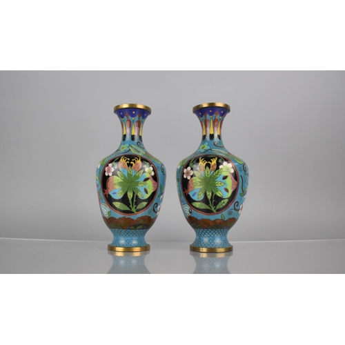 156 - A Pair of Chinese Cloisonne Pomegranate Pattern Vases on Blue Ground, Decorated with Butterflies and... 