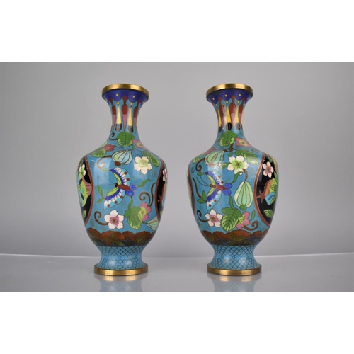 156 - A Pair of Chinese Cloisonne Pomegranate Pattern Vases on Blue Ground, Decorated with Butterflies and... 