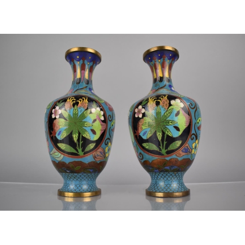 156 - A Pair of Chinese Cloisonne Pomegranate Pattern Vases on Blue Ground, Decorated with Butterflies and... 