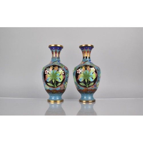 156 - A Pair of Chinese Cloisonne Pomegranate Pattern Vases on Blue Ground, Decorated with Butterflies and... 